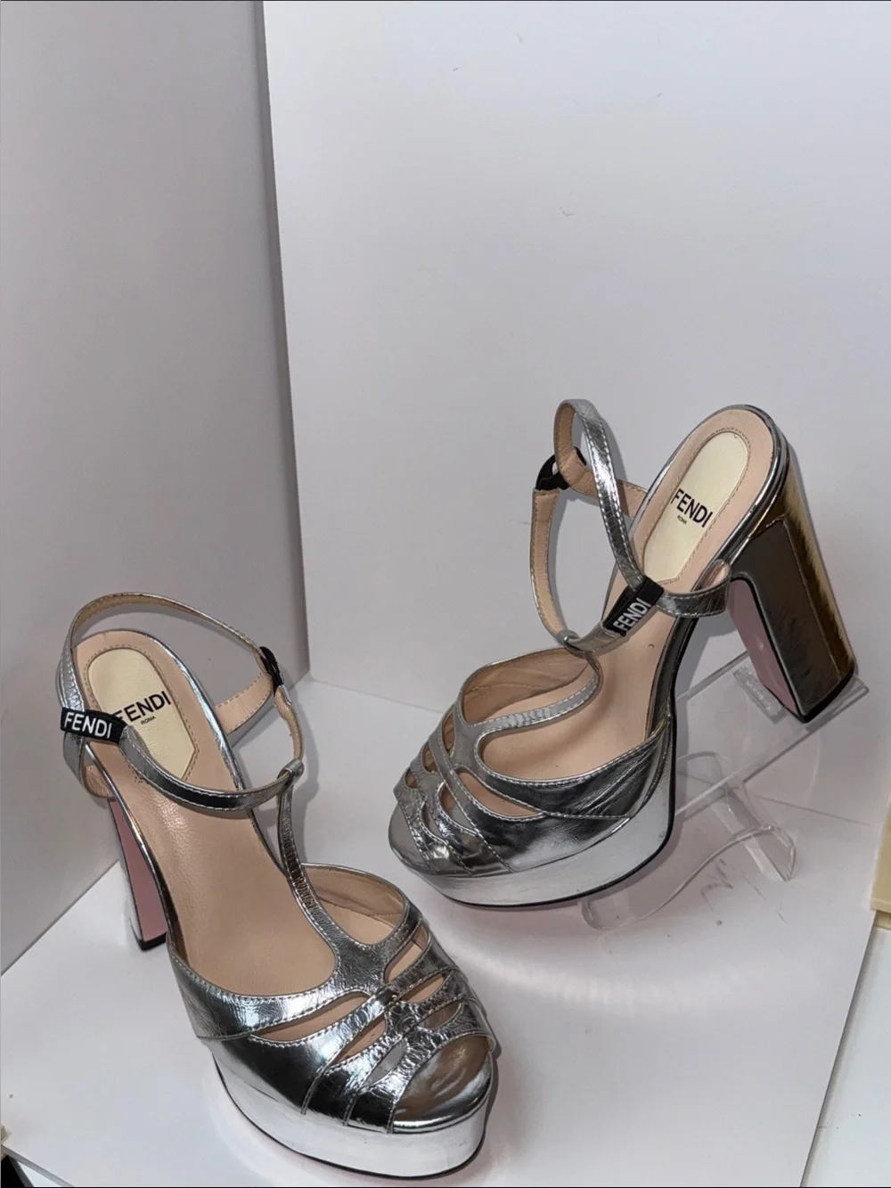 Fendi Metallic Silver Strappy Platform silver/gold Heels